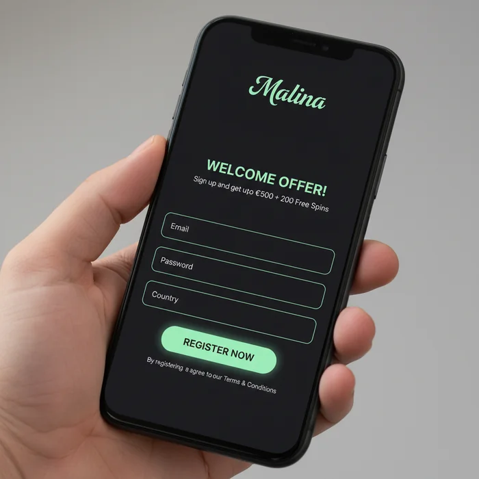 Formulaire d'inscription Malina — création de compte avec champs email et mot de passe